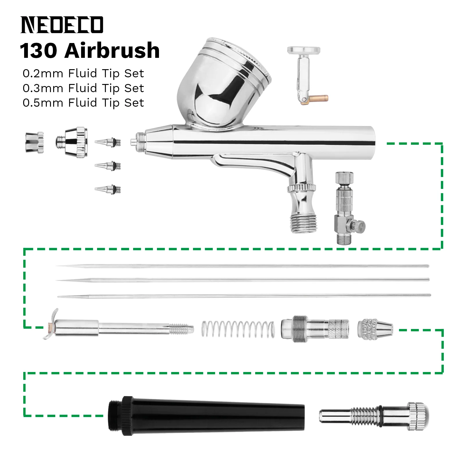 Description Picture 4 of itemNEOECO 130 Gravity Feed Dual Action Airbrush with 0.2 0.3 0.5mm Nozzle Needle Kit Adjustable Quick Disconnect Joint Red Black