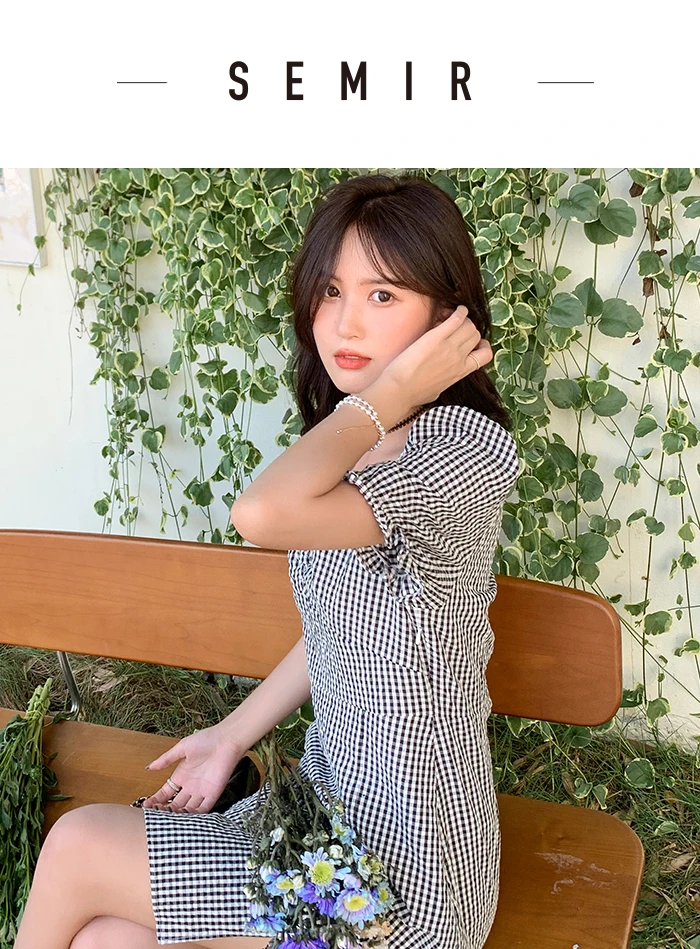 Description Picture 2 of itemSemir Dress Women Puff Sleeves Gentle 2021 Summer New Girls Dress Split Black And White Plaid dress Trend