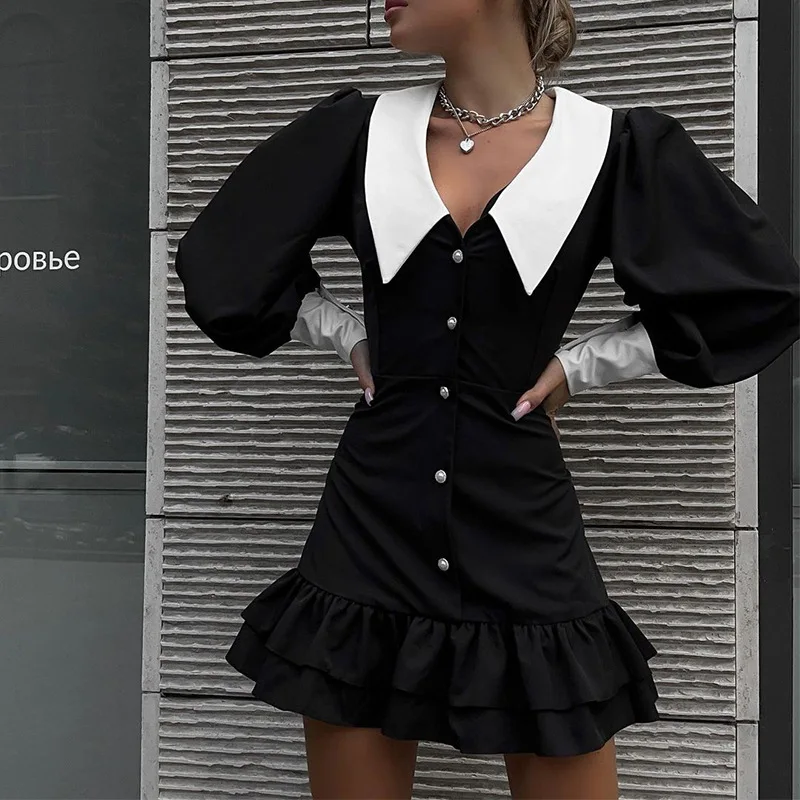 2023 Autumn New Mini Dress Women's Puff Sleeves Ruffled Stitching Contrast Color Dress Women's Lapel Slim High Waist Party Dress