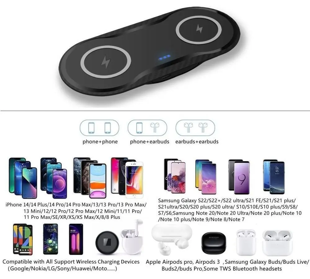 Double 2 in 1 Fast Wireless Charger for iPhone 11 12 13 14 X 8 XR AirPods Pro 40W Dual Wireless Charging Station for Samsung S22