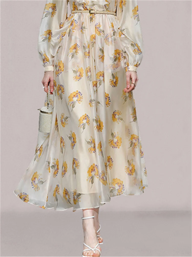 Description Picture 6 of itemFotvotee Print Midi Dress for Women 2023 New Korean Fashion V Neck Ruffle Vintage Dress Elegant Lantern Sleeve Elegant Dresses
