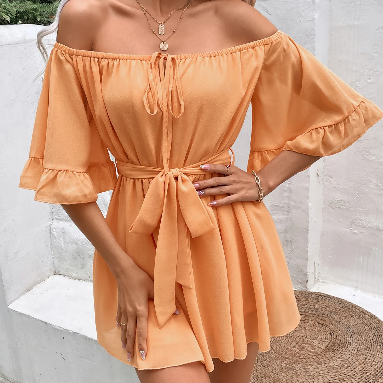 Description Picture 4 of itemSummer Women's Ruffled High Waist Off Shoulder Loose Solid Chiffon One Piece Shorts
