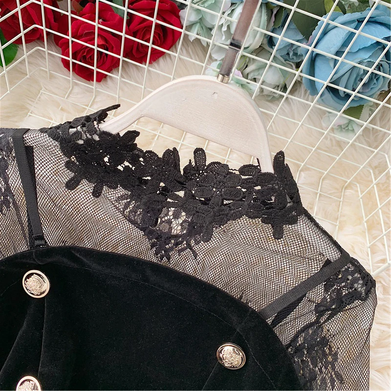 Description Picture 4 of itemGagaok High Street Two Piece Set Women Stand Collar Lace Shirt Waist Slim Chic Button Jumpsuit Korean 2 Piece Sets Sexy Top