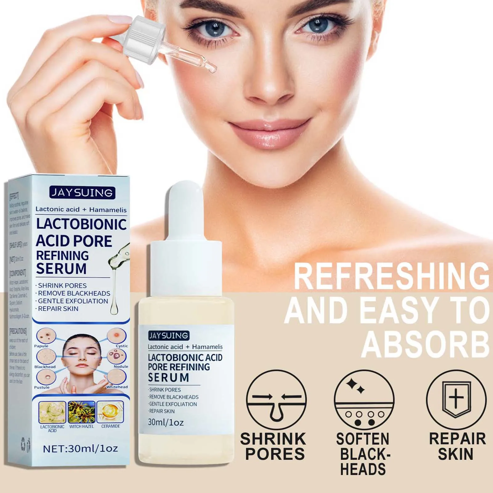 Description Picture 4 of itemLactobionic Acid Shrink Pore Essence Hyaluronic Acid Firming Brighten Moisturizing Nourish Essence Pore Shrink Face Serum 30ml