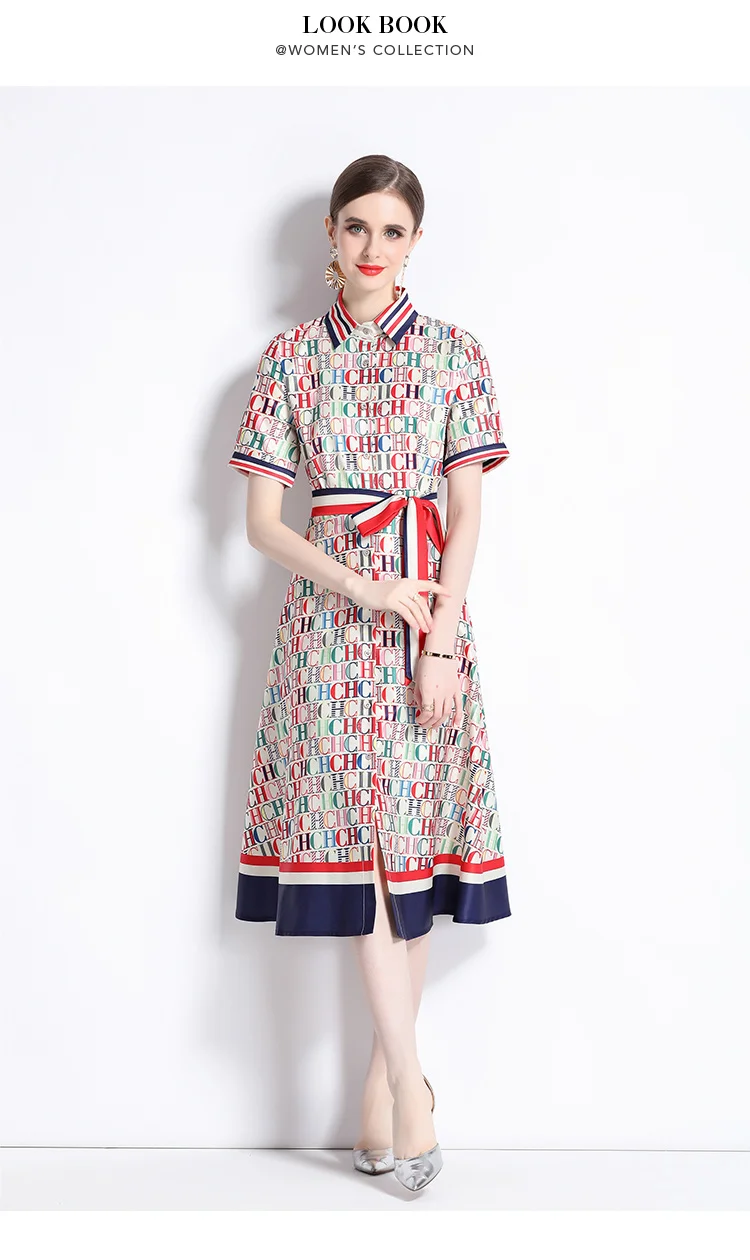 Description Picture 4 of itemSummer Fashion Letter Print Runway Dress Women's Short Sleeve Lapel Stripe Belt Lace Up Office Lady Casual Midi Vestidos N6016