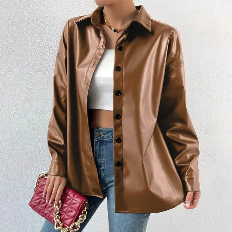 Description Picture 4 of item2023 Autumn Lapel Collar Coats ZANZEA Women Bomber Jackets Streetwear PU Leather Long Sleeve Blazer Oversized Buttons Outerwears