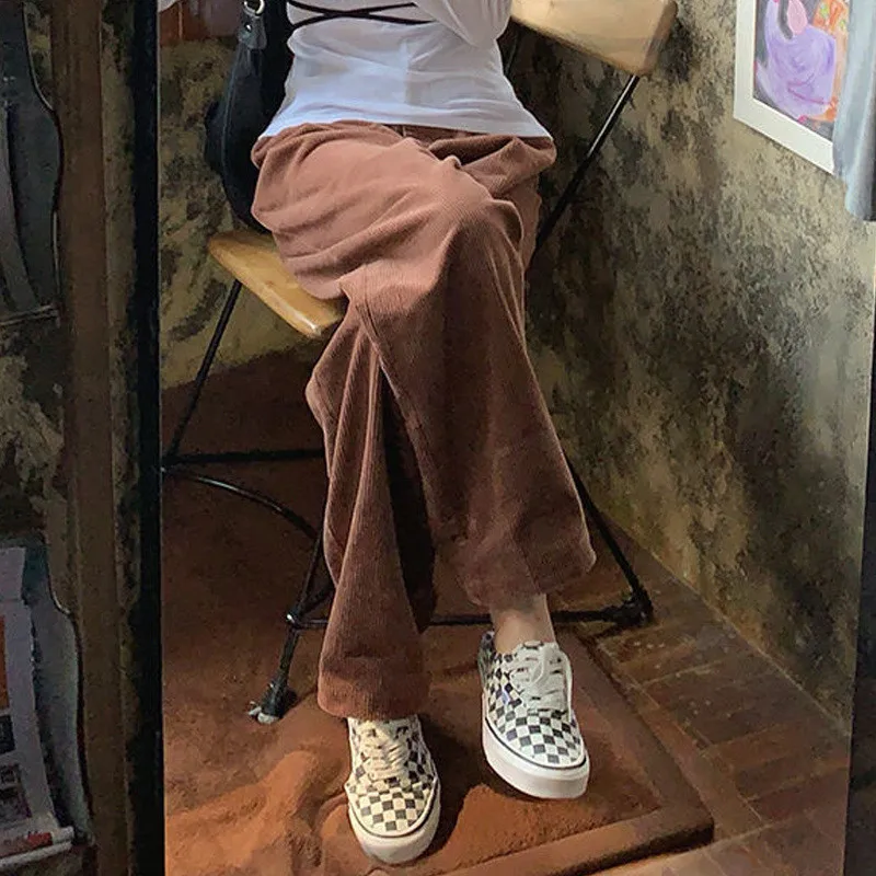 Vintage Corduroy Casual Streetwear Harajuku Wide Leg Pants for Women 2023 Spring Autumn Solid Loose High Waist Straight Trousers