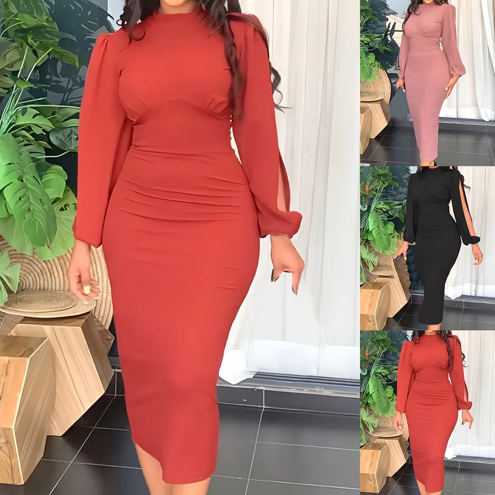 Description Picture 2 of itemComfy Fashion Stylish Women's Dress Slim Dress Round Neck Slim Fit Solid Color Long Sleeves Pleated High Waist
