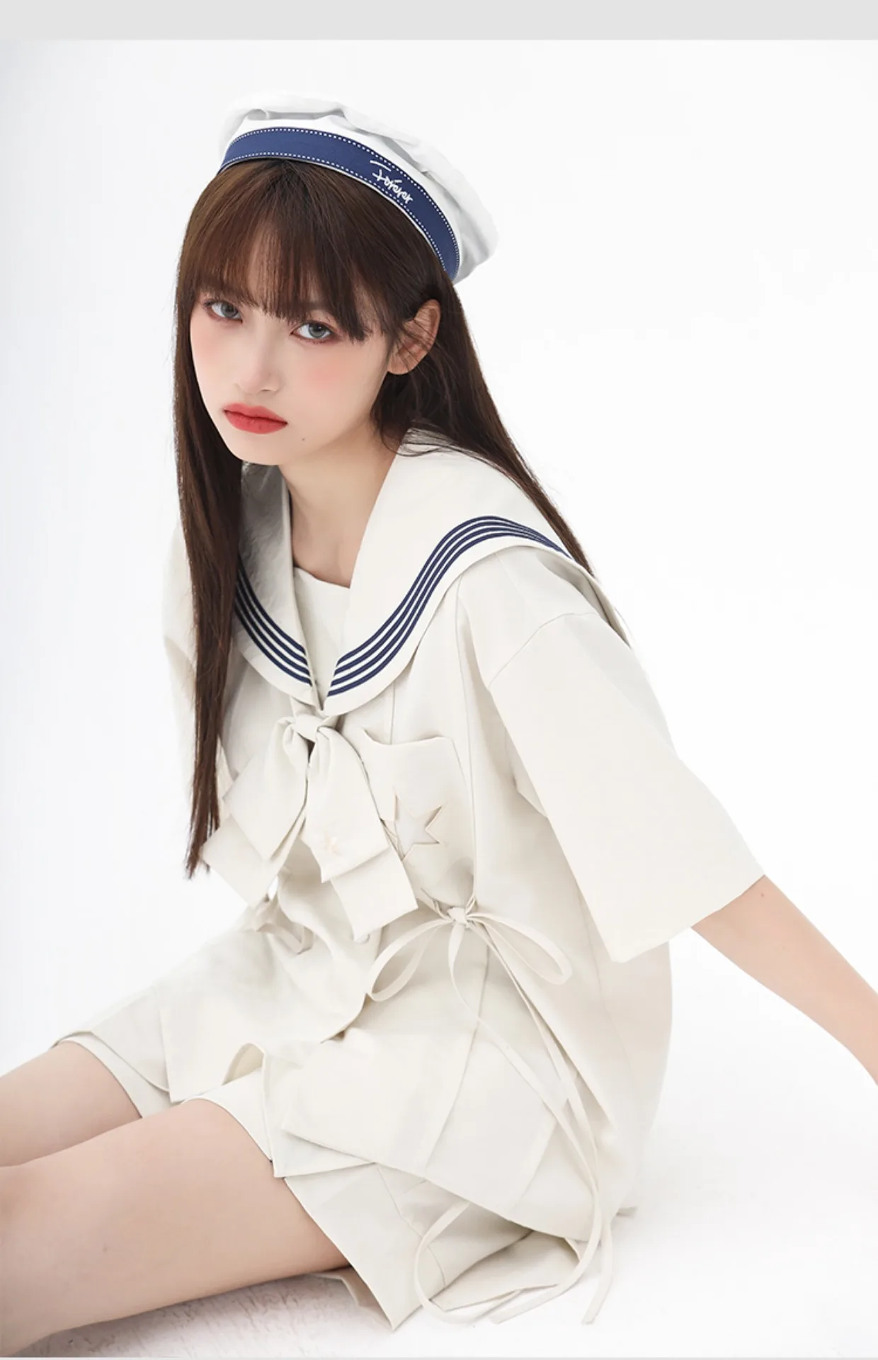 Description Picture 6 of itemADAgirl Japan Kawaii Navy Sailor Collar Shirt Women Lolita Style Blouse with Bow Half Short Leeve Button Up Tops Summer Clothes