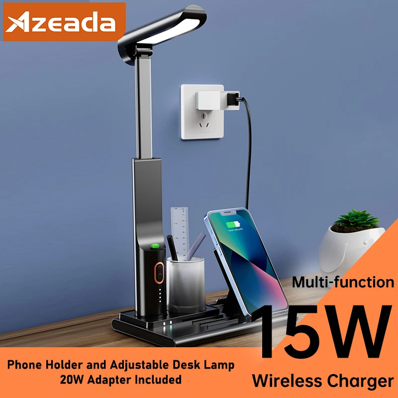 Azeada Multi-function 15W Wireless Charger Kit with Desk Lamp for iPhone 15 14 Pro Huawei MI Fast Wireless Charging Phone Holder