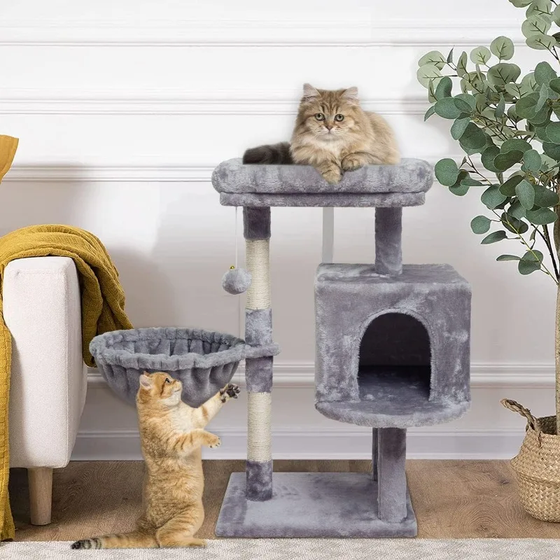 Small Cat Tree for Indoor Cats, Activity Cat Tower, Condo with Scratching Post for Kittens, Climbing Stand with Basket Cat Condo