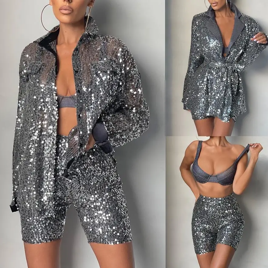 Women Glitter Sparkle Outfits Sequin Bling Outfits Long Sleeve Button Blouse Shirt / Pants Party Club Night Wear Clubwear
