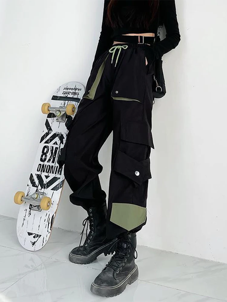Description Picture 5 of itemHOUZHOU Techwear Cargo Pants Women Harajuku Hip Hop Casual Black Wide Leg Trousers High Waist Ice Silk Pants Female Streetwear