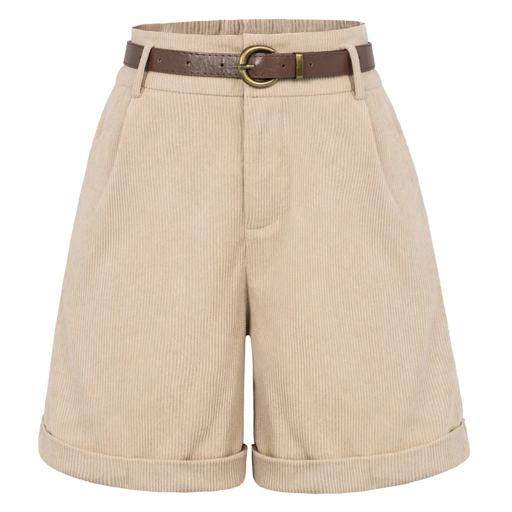 Description Picture 3 of itemBelle Poque Women Vintage Corduroy Shorts With Belt Summer Elastic High Waist Wide Leg Short Pants Elegant Lady Bermuda Shorts