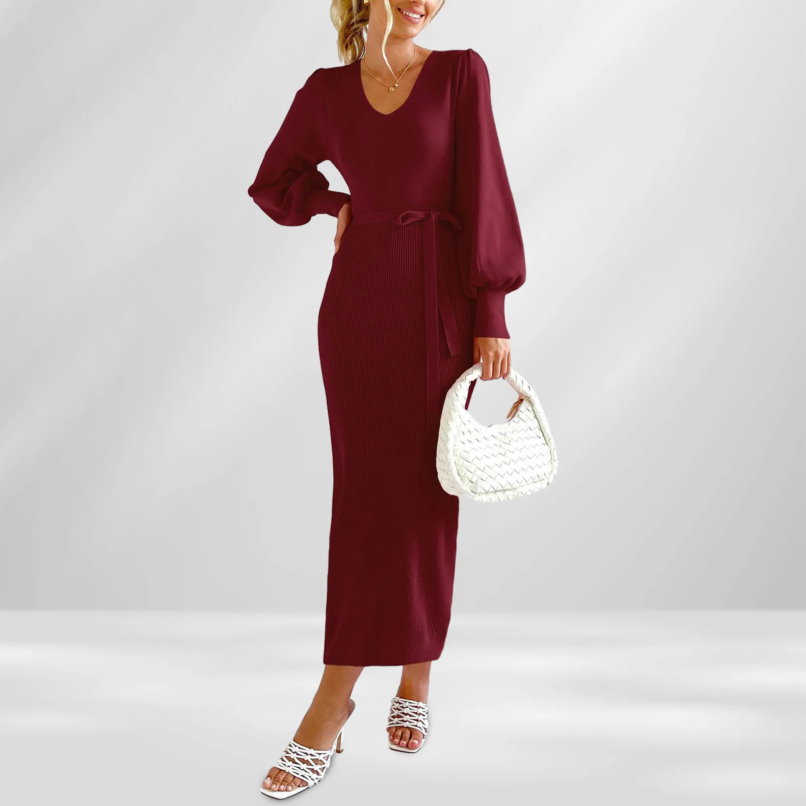 Description Picture 3 of itemLantern Sleeve Dress Slim Fit V Neck Elegant Knit Dress Women Sexy Style Sweater Midi Dress Vintage with Belted Vacation Outfit