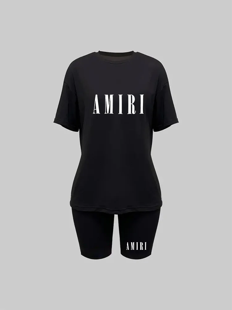 Description Picture 6 of itemPrinted casual two-piece set, round neck short sleeved T-shirt and slim fitting bicycle shorts set, women's clothing