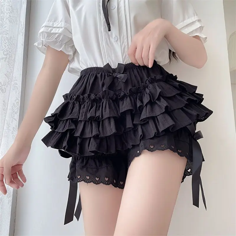 Description Picture 3 of itemWomen Black White Ruffle Shorts Kawaii Lace Bowknot Lolita Pumpkin Panties Cute Safety Shorts Pants Vintage Victorian Bloomers