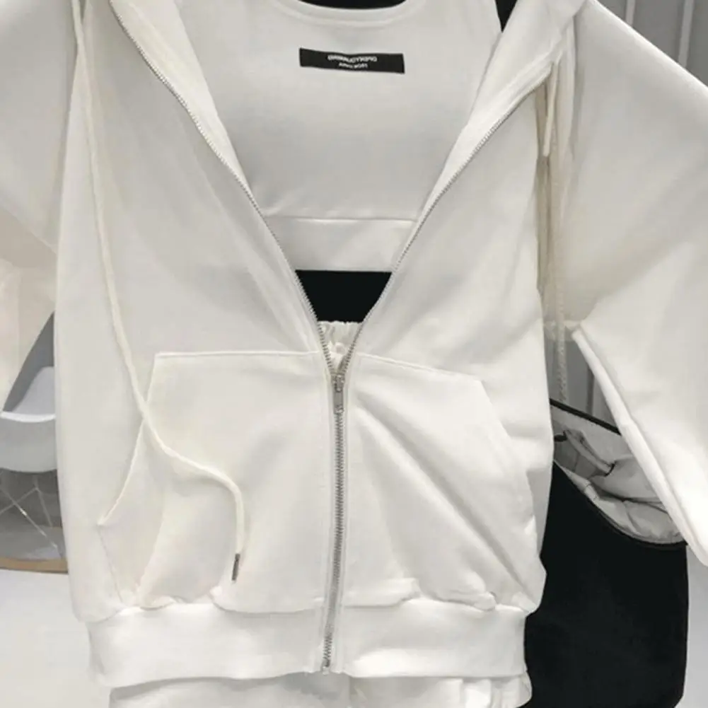 Description Picture 5 of item1 Set Casual Three Pieces Women Coat Drawstring Shorts Vest Set Breathable Women Hoodie Pocket Design Zipper Closure for Female