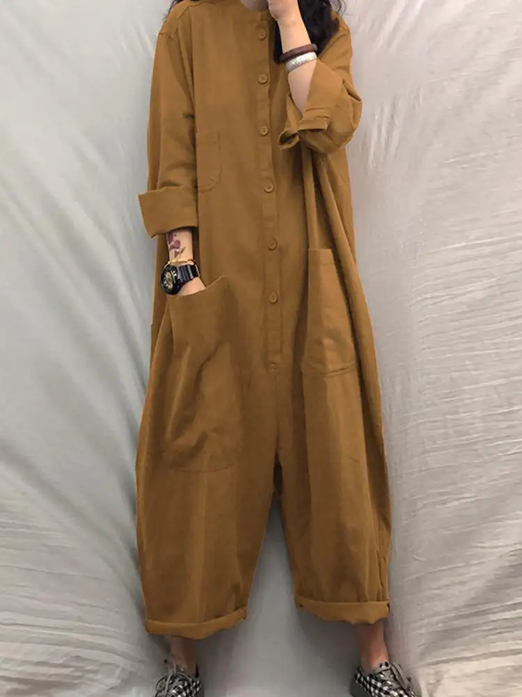 Women Jumpsuit 2023 Female Oversized Romper Autumn Loose Pockets Overalls Casual Solid Stand Collar Bottom