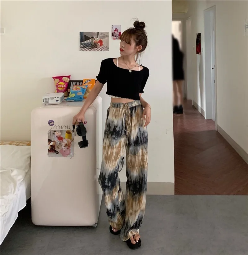 Description Picture 6 of itemCasual Yellow Tie Dye Printed Vintage Pants Women Elegant High Waist Trousers Ladies Straight Wid LegJoggers Y2K Streetwear 2021