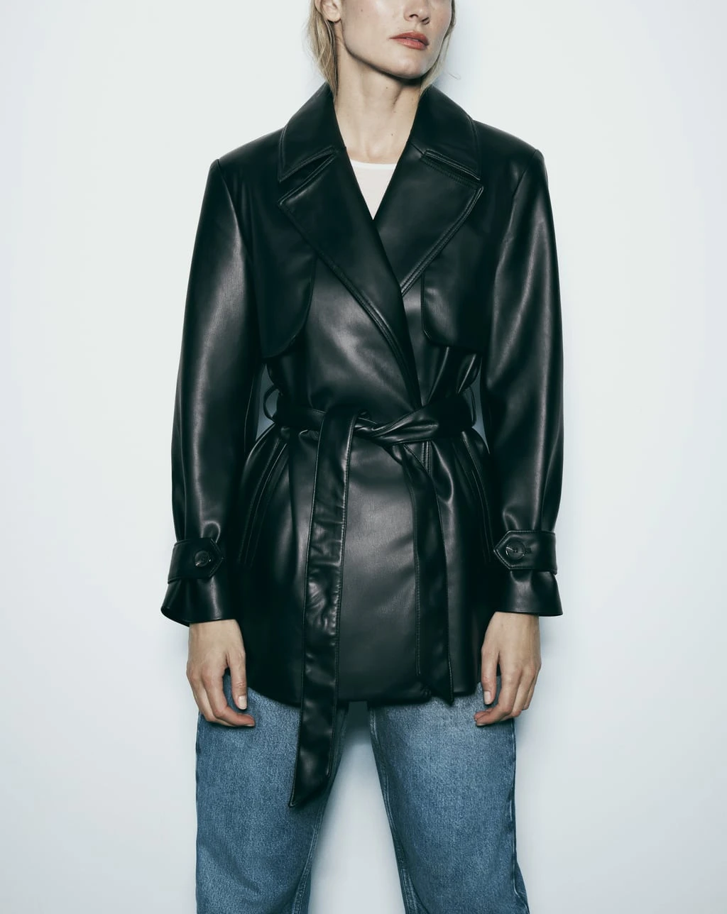 Description Picture 6 of itemWomen's Autumn Winter New Faux Leather Short Jacket Lapel Collar Long Sleeves  Pockets Self-belt Double Breasted PU Trench Coat