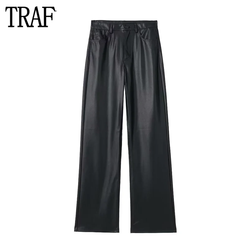 TRAF Faux Leather Pants Women Black High Waist Pants for Women Streetwear Button Women's Pants Fall Straight Leg Woman Trousers