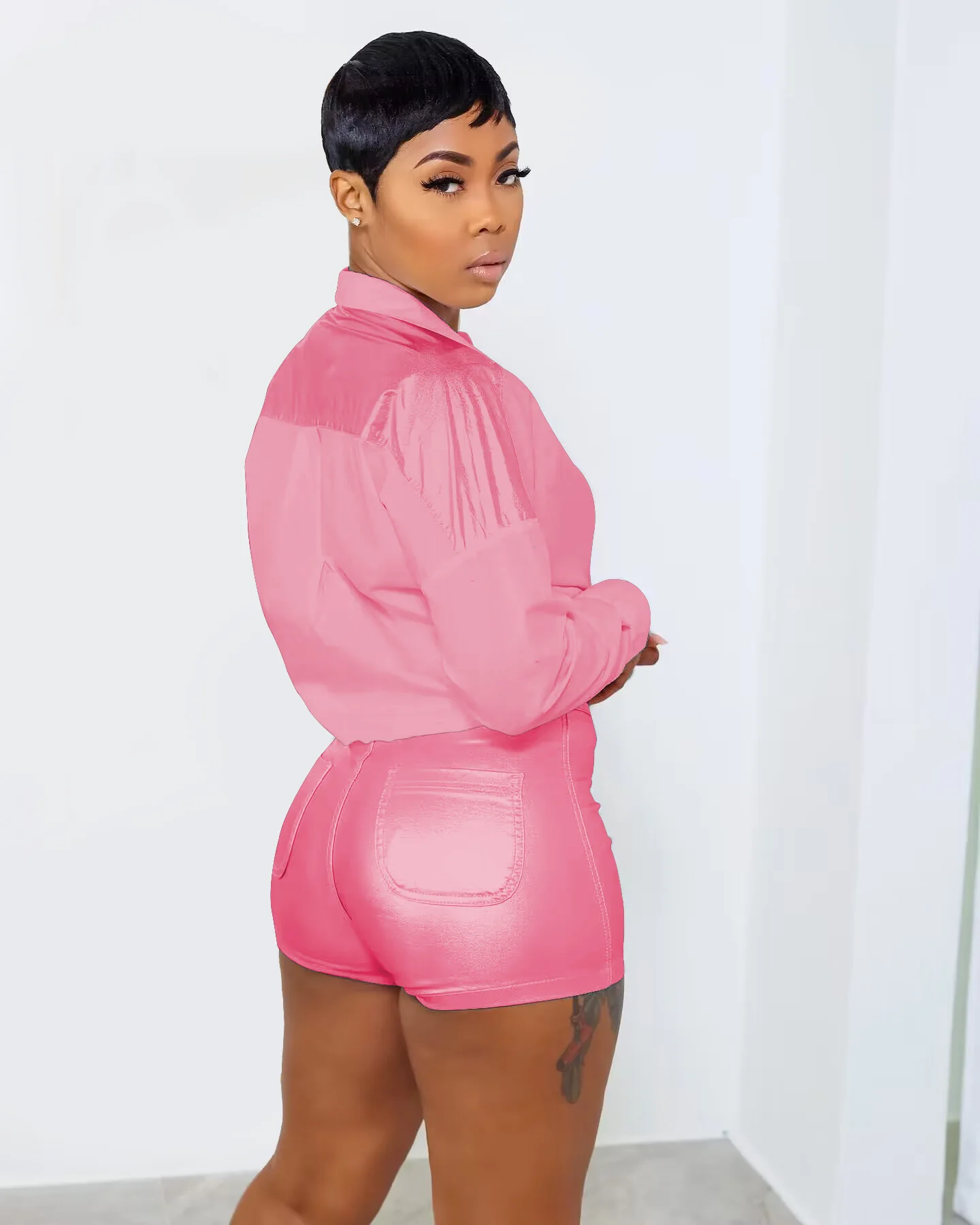 Description Picture 5 of item2023 Top Quality Solid Sweet Shirt Set Shirt&Short Daily Casual Open Stitch Short Sleeve + Short Pants Slim Women 3 Piece Set