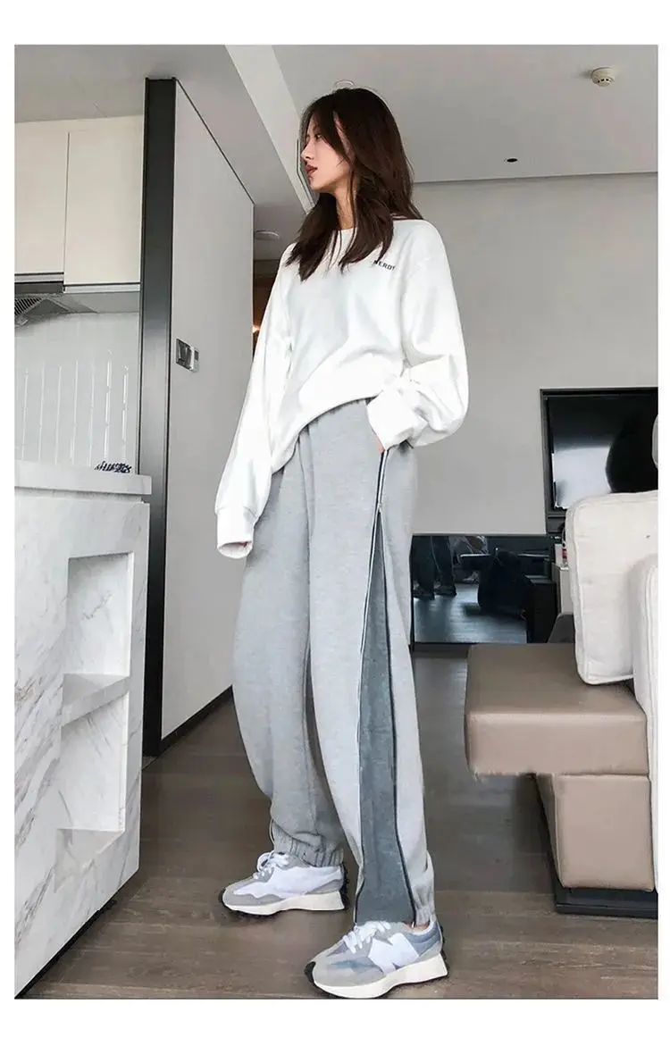 Description Picture 5 of itemHOUZHOU Women Sweatpants Baggy Gray Joggers Korean Style Casual Streetwear Wide Leg Zipper Sports Trousers Female Winter Pants