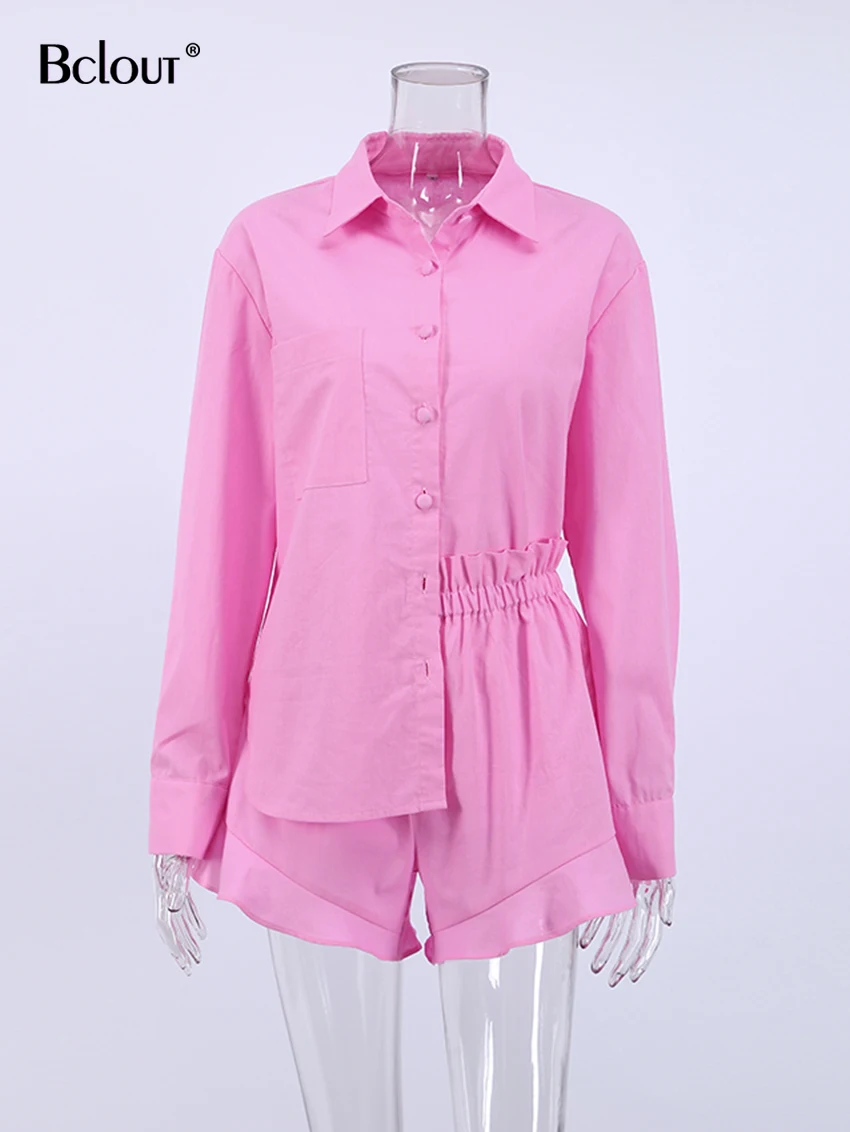 Description Picture 3 of itemBclout Linen Shorts Suit Women Summer Long Sleeve Shirts Orange Elastic Waist Ruffle Shorts Sets 2 Pieces Woman Outfits Vacation