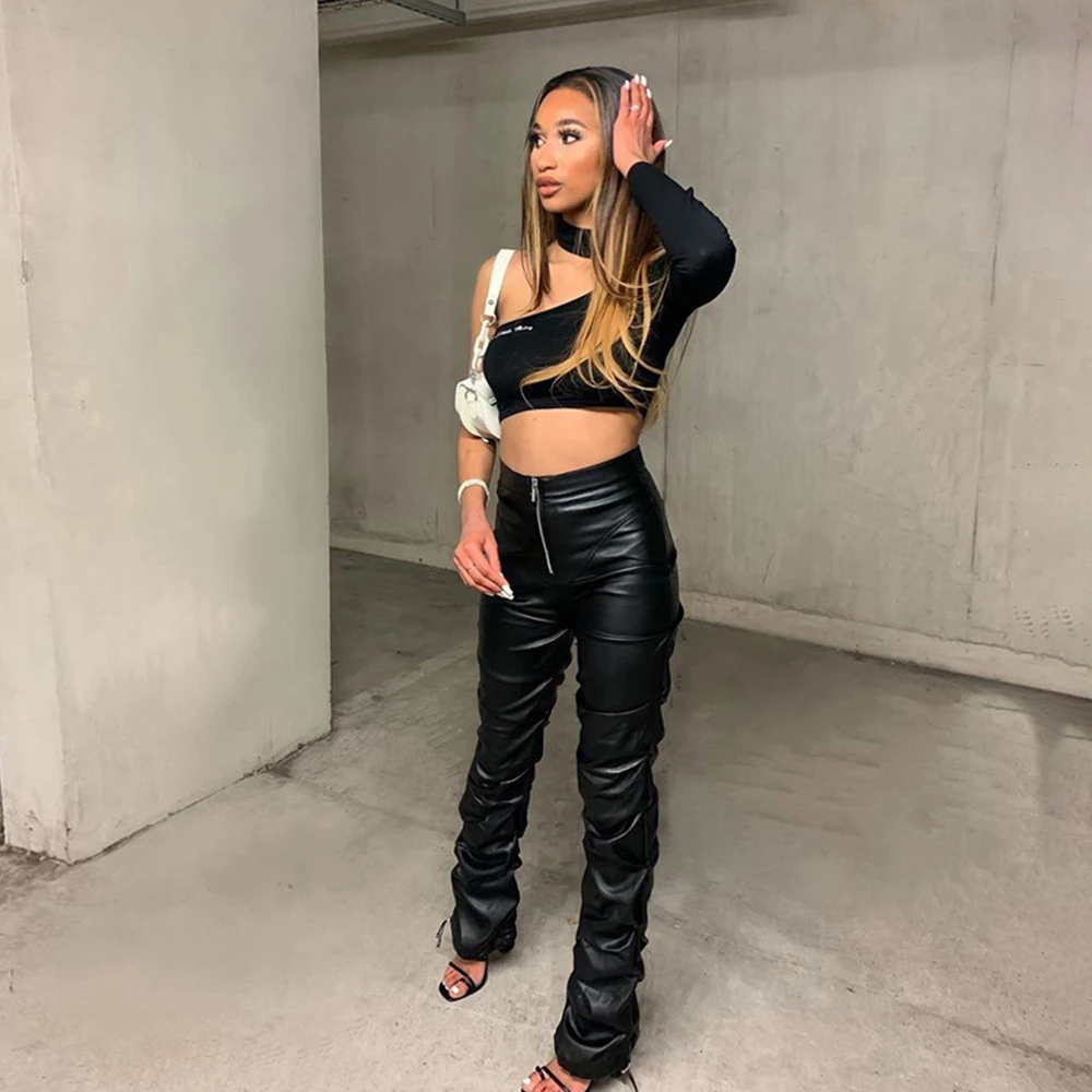 Description Picture 3 of itemFaux PU Leather Pants For Women Y2k Trouser High Waist Straight Leg Pants Fashion Femme Casual Vintage Leisure Pants Streetwear