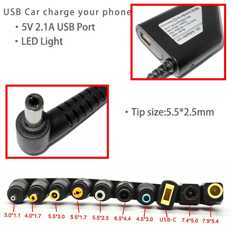 Description Picture 4 of itemCar Charger19V 4.74A 90W Universal Laptop Power Adapter Charger for Iconic Brand Asus Acer Iconic Brand HP Samsung Toshiba  with 10 Connectors