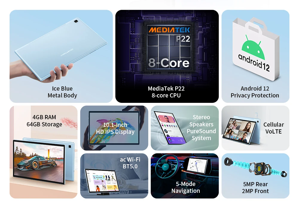 Description Picture 4 of itemTeclast P20S 10.1 Inch 1280X800 IPS Tablet 4GB RAM 64GB ROM MTK P22 Octa Core Android 12 Dual Cameras Wifi GPS Type-C