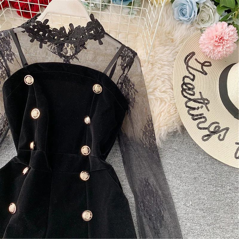 Description Picture 3 of itemGagaok High Street Two Piece Set Women Stand Collar Lace Shirt Waist Slim Chic Button Jumpsuit Korean 2 Piece Sets Sexy Top