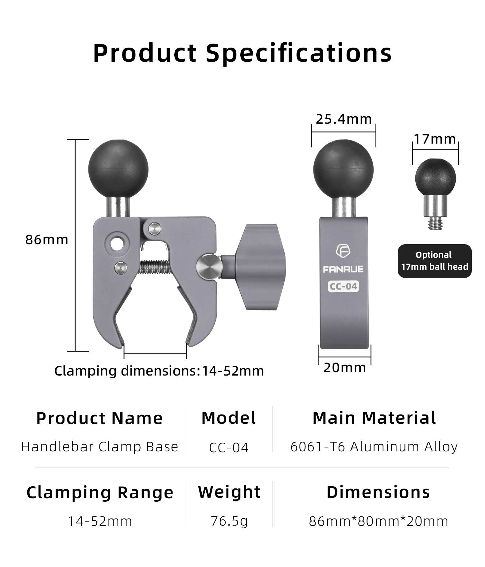 Description Picture 3 of itemFANAUE Aluminum 1'' Ball Handlebar Clamp Mount Base 25.4/17mm Ball Compatible RAM Double Socket Arm for Bike Motorcycle Holder