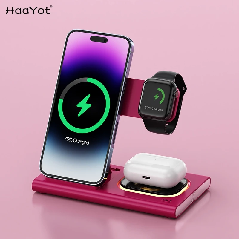 2023 HAAYOT 3 in 1 Wireless Chargers For iPhone 14 13 12 Series Fast Charging Dock Station For Apple Watch 8/7/6 Airpods Samsung