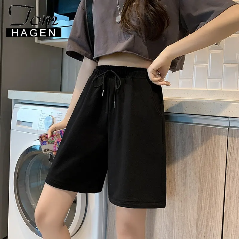 Summer 2023 Women's Cotton Shorts Solid Wide High Waist Above Knee Loose Shorts Women Classic Oversize Black Shorts for Women