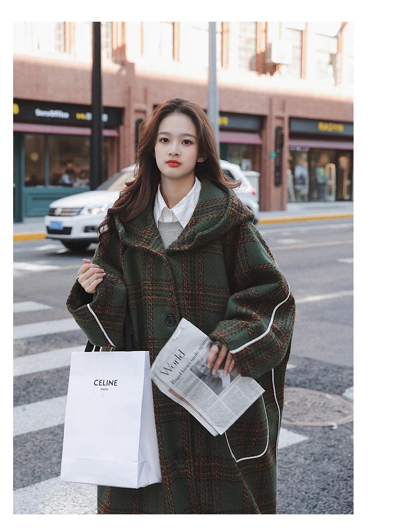 Description Picture 6 of itemLautaro Autumn Winter Long Oversized Warm White Patchwork Plaid Wool Blends Trench Coats Women with Hood Runway Korean Fashion