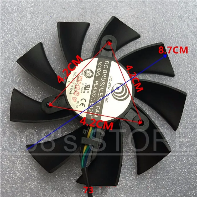 Description Picture 3 of itemBrand New GPU Cooler Fan For MSI N450GTS N460GTX N560GTX N460GTS 1G 570 R6790 580GTX HD6870 PLA09215B12H 87mm 12V 0.55A 4 Pin