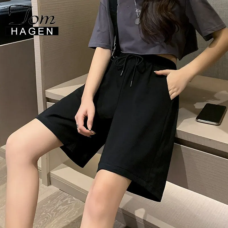 Summer 2023 Women's Cotton Shorts Solid Wide High Waist Above Knee Loose Shorts Women Classic Oversize Black Shorts for Women