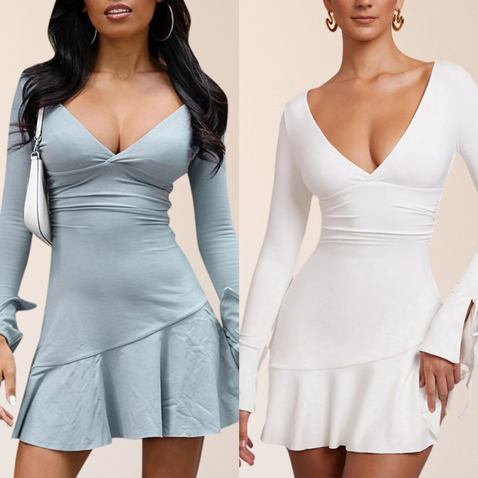 Women Bell Sleeve Dress Skinny Tie Up Mini Dress Pullover Bodycon Short Dress Sexy Backless Dress Party Club Dress
