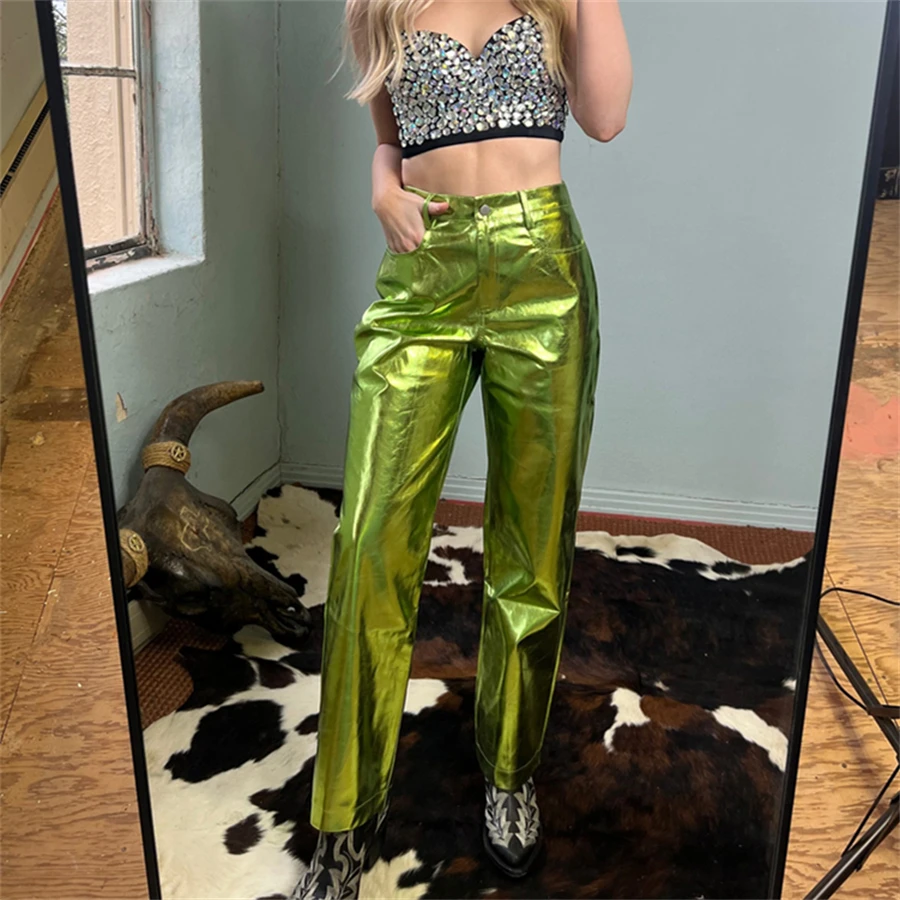 Description Picture 4 of itemPuloru Shiny PU Leather Long Pants Women Metallic High Waist Button Zipper Closure Casual Trousers Streetwear Straight Leg Pants