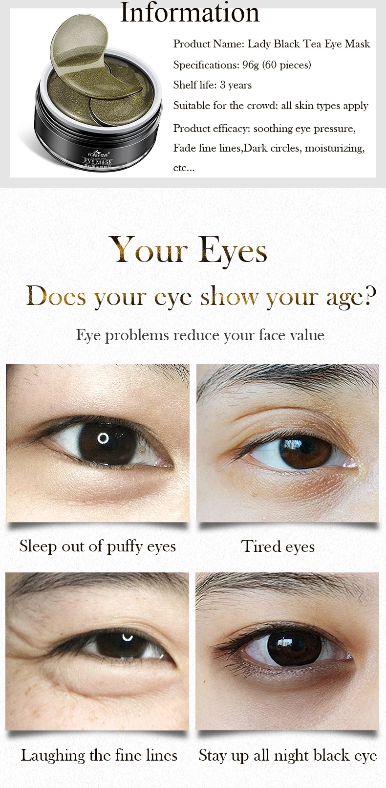 Description Picture 3 of itemKorean Skin Care Black Tea Collagen Gel Eye patches Mask Plant for eyes Remover dark circles Anti Age Bag Eye Wrinkle 60 Piece