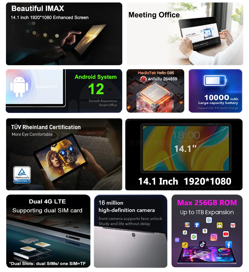 Description Picture 3 of item14.1 Inch Tablet PC Android 12 12GB+256GB 1920*1080 4G Phone Call MT6769 Tablet 5G WiFi Kids Gaming large screen tablets