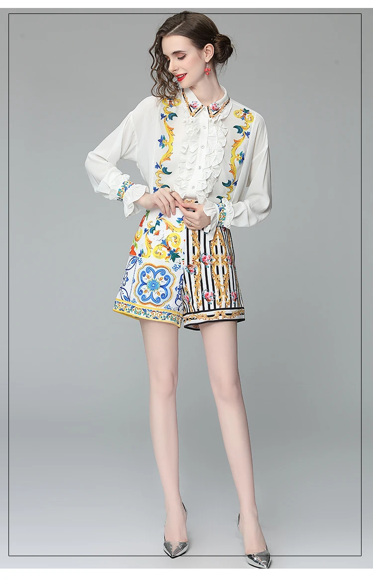 Banulin Summer Runway Flower Print Two-piece Set Women Flare Sleeve Ruffles Shirt Top and Stripe Pocket Shorts Suits Set N56608