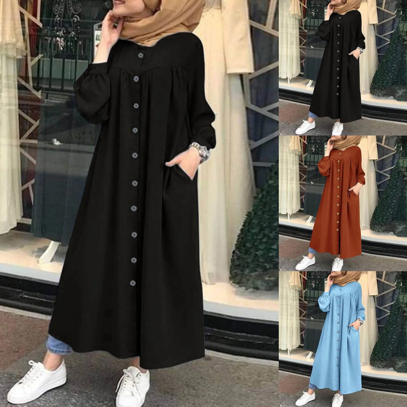 Description Picture 2 of itemWomen'S Casual Long Dress Solid Color Robe Button V Neck Elegant Long Sleeve Large Female New 2023 Fashion Swing Shirt Dress