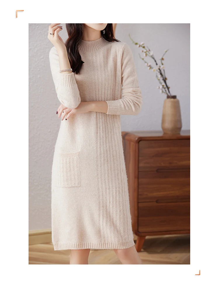 Description Picture 4 of itemRONGYI 100% Merino Wool Hot Sale Cashmere Knitted Dress for Women Winter Autumn Mock Turtleneck Female Dresses Long Style Jumper