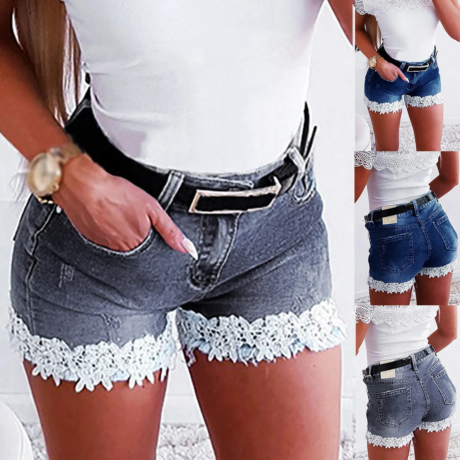 Description Picture 2 of item2023 Summer New Dark Grey Women Denim Shorts Woman Harem Ruffled High Waisted Shorts Female Elastic Short Jeans Shorts Women