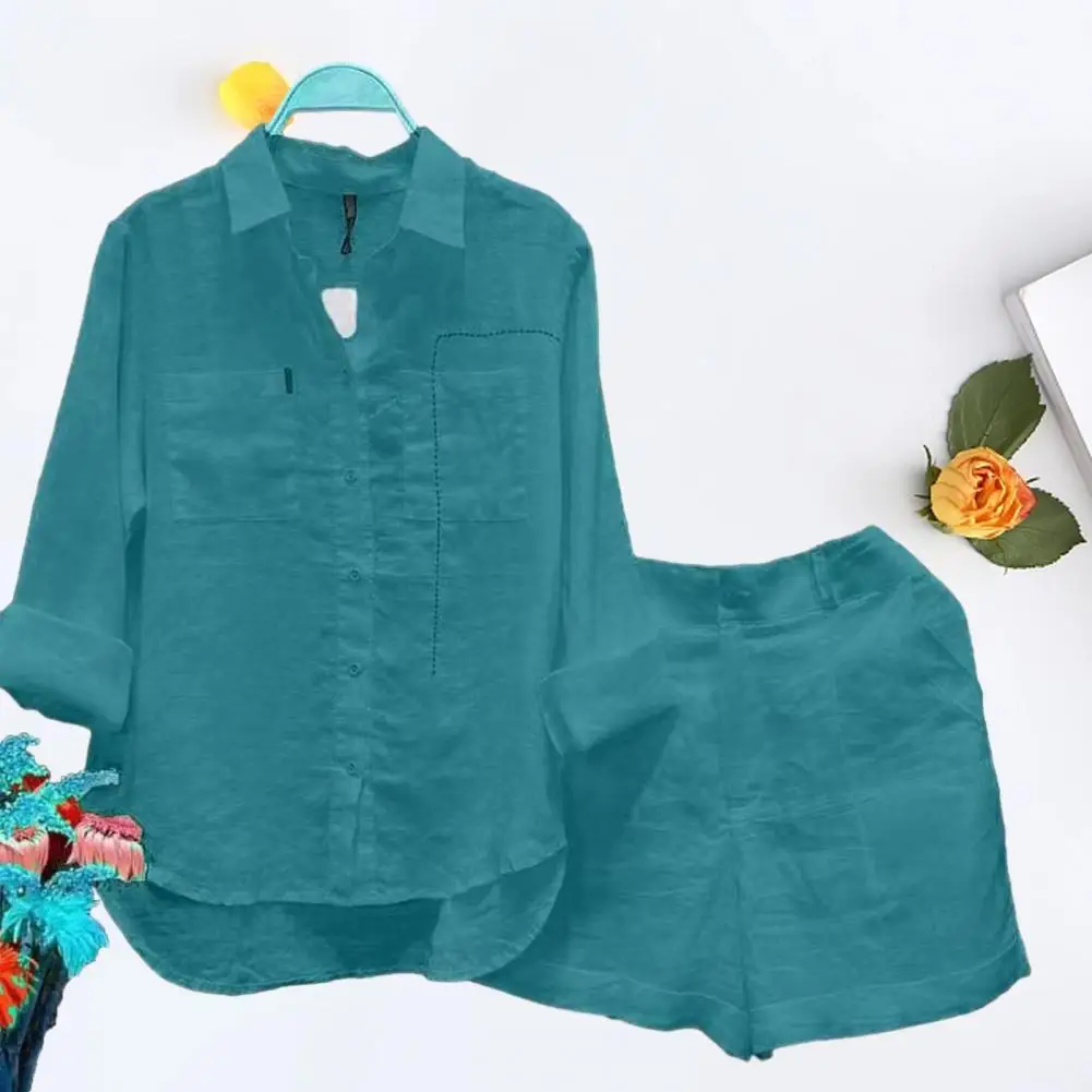 Description Picture 6 of item2 Pcs/Set Women Shirt Shorts Set Solid Color Loose Long Sleeves  Patch Pockets Irregular Hem Lapel Casual Female Spring Outfit