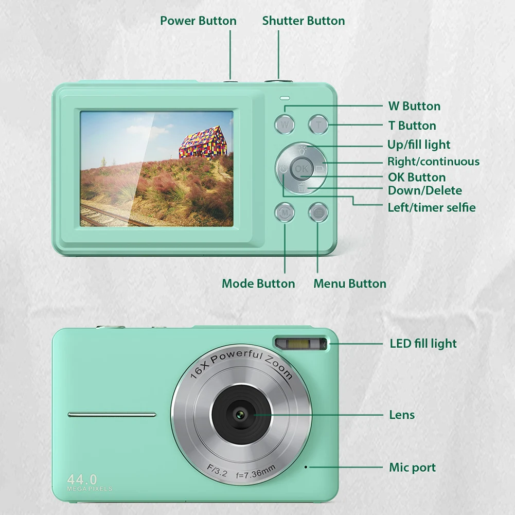 2.4 Inches HD 1080P Digital Camera Rechargeable with 16x Zoom Compact Camcorder 44MP Professiona Photography Cam for Teens Party