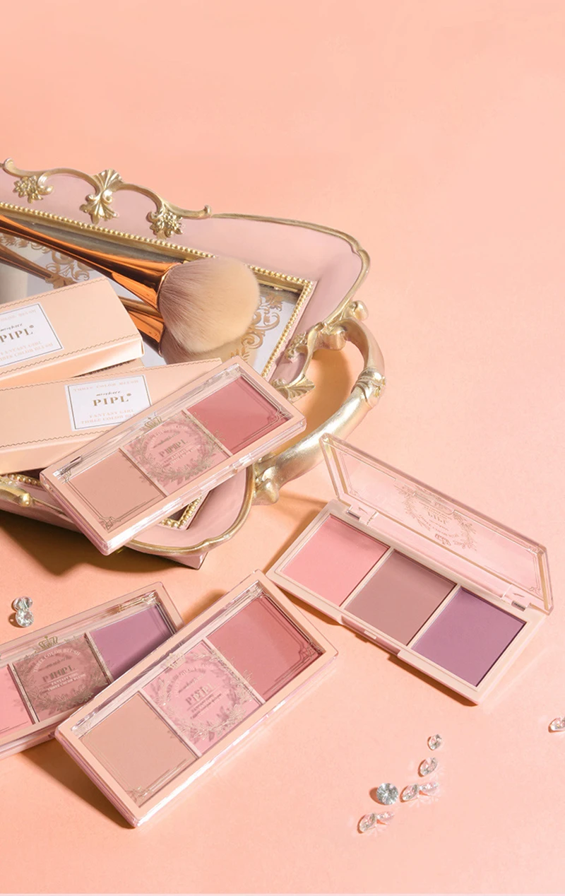 3 In 1 Milk Tea Blush Peach Pallete 3 Colors Face Mineral Pigment Cheek Blusher Powder Makeup Contour Shadow Blush with Brush
